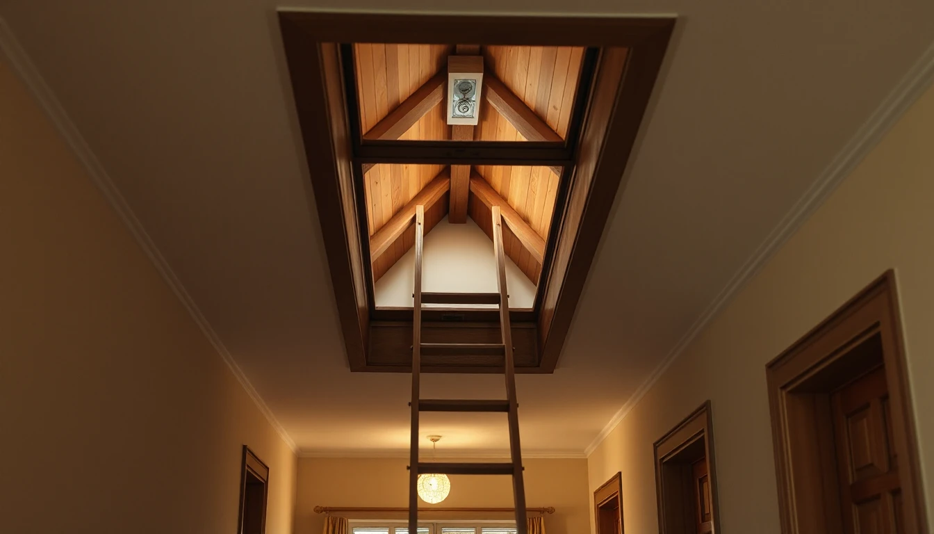 KI-Symbolbild: Eine offene Dachbodenluke mit Holzleiter in der Decke eines Hausflurs, warmes Licht fällt von unten herein.