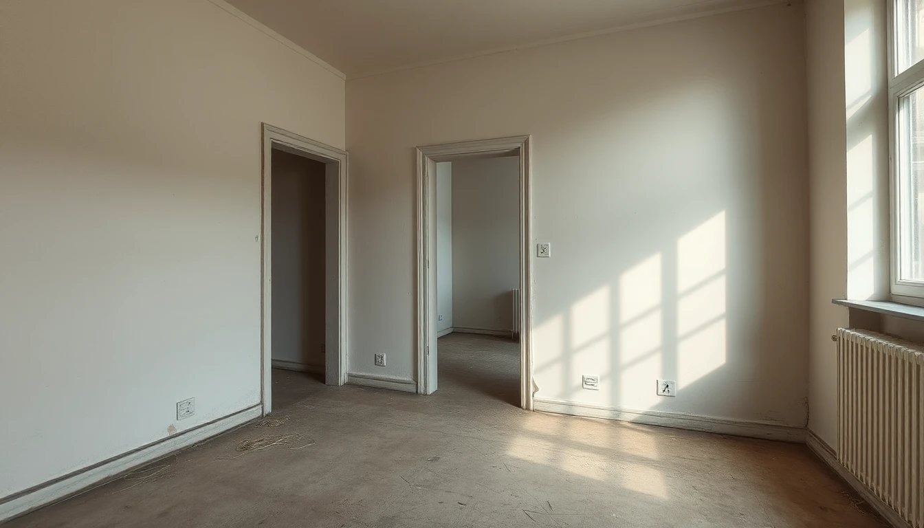 KI-Symbolbild: Ein leerer Altbauraum mit zwei offenen Türdurchgängen, Heizkörper unter dem Fenster und weichem Tageslicht an der Wand.