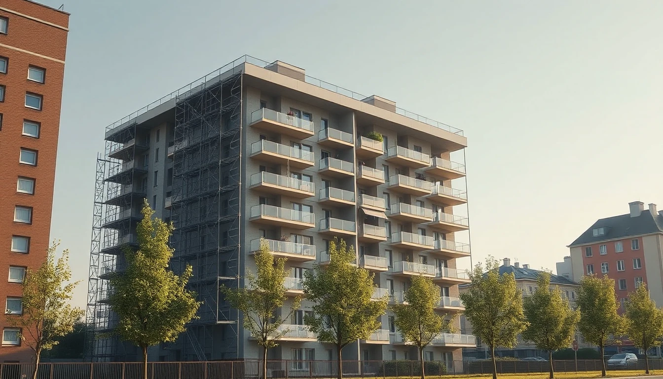 KI-Symbolbild: Ein fast fertiger Neubau-Wohnblock mit Gerüst an einer Seite und einer Reihe frisch gepflanzter junger Bäume davor im hellen Morgenlicht.