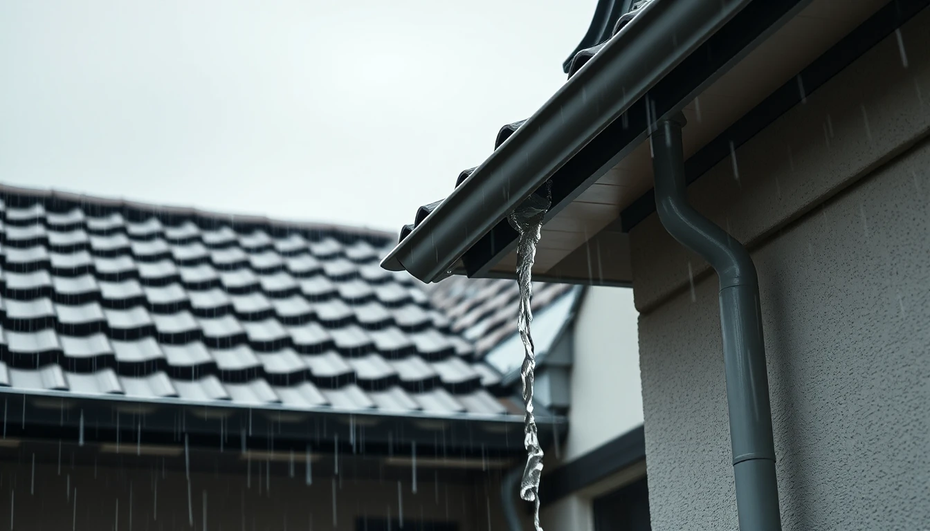 KI-Symbolbild: Ein Hausdach mit Ziegeln, Dachrinne und Fallrohr bei leichtem Regen, Regenwasser läuft herab, unter grauem Himmel.