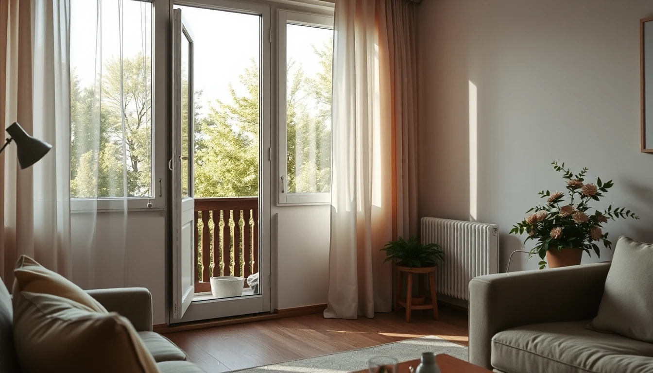 KI-Symbolbild: Ein sonniges Wohnzimmer mit offener Balkontür, hellen Vorhängen und Blick auf grüne Baumkronen.