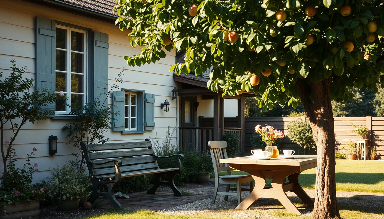 KI-Symbolbild: Ein älteres Familienhaus mit Fensterläden, gepflegtem Garten, Holzbank und einem für Kaffee gedeckten Tisch unter einem Apfelbaum im warmen Nachmittagslicht.