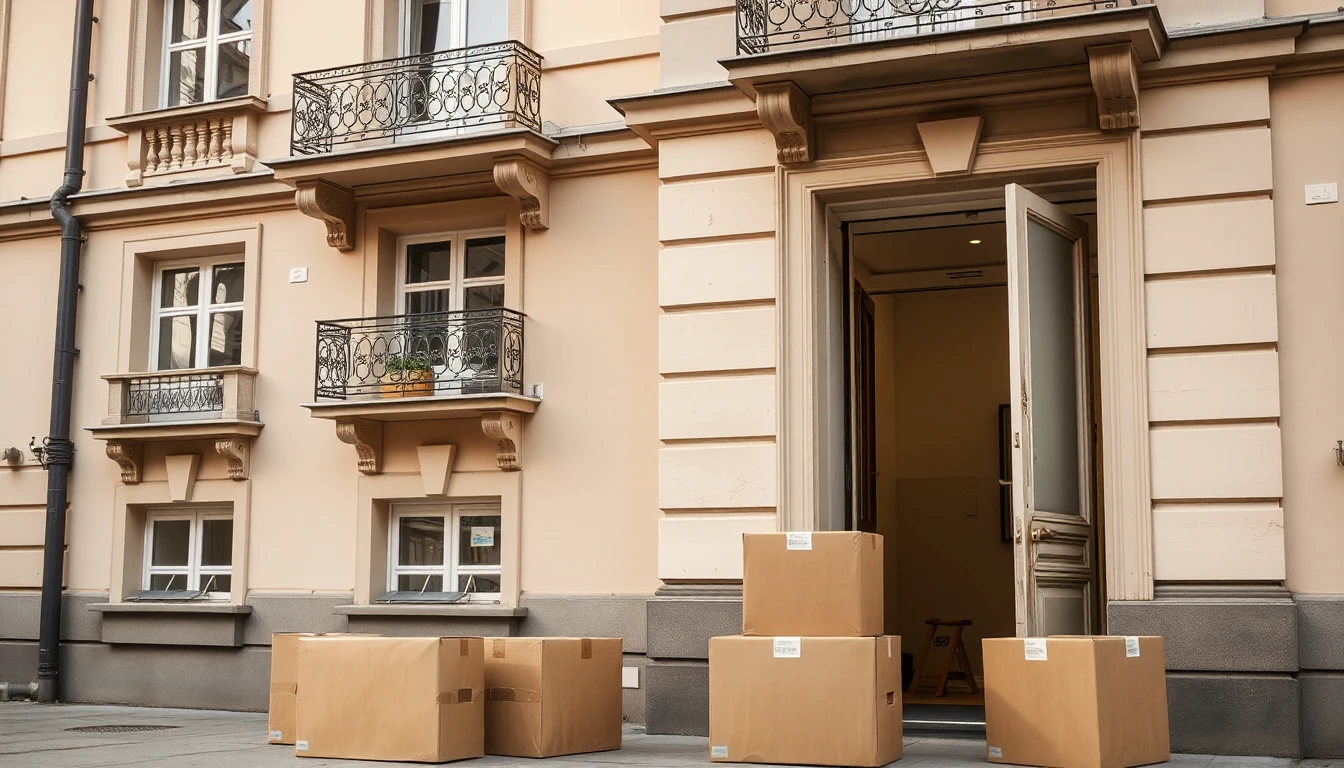 KI-Symbolbild: Braune Umzugskartons stehen vor der offenen Haustür eines renovierten Altbaus mit pastellfarbener Fassade, Stuckverzierungen und schmiedeeisernen Balkonen.