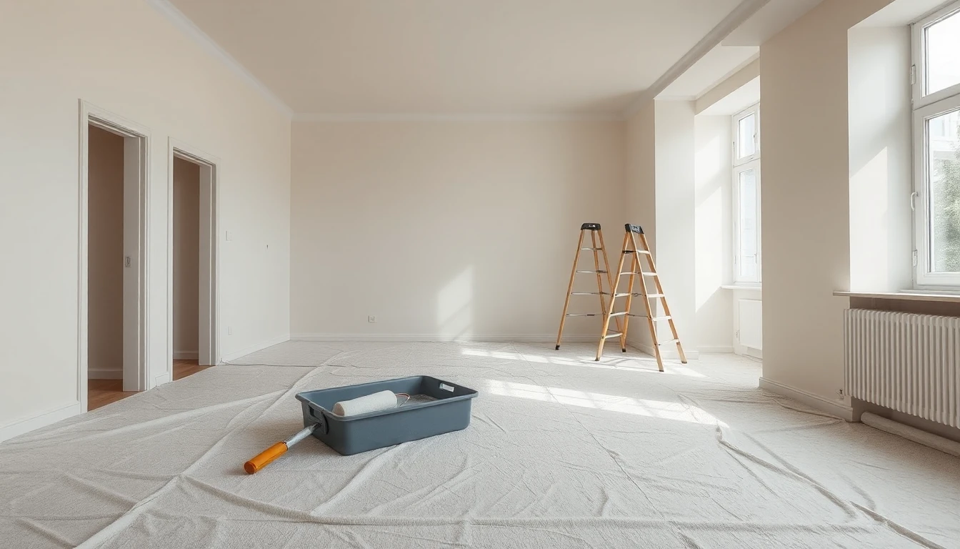 KI-Symbolbild: Ein leeres, helles Wohnzimmer in Renovierung mit Abdeckvlies am Boden, einer Farbwanne mit Rolle und zwei Stehleitern im Tageslicht.