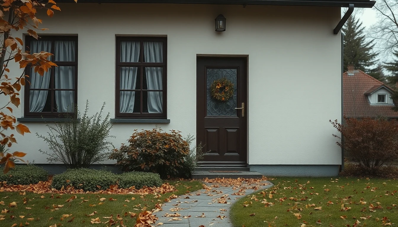KI-Symbolbild: Ein weiß verputztes Haus mit zugezogenen Vorhängen, davor ein mit Herbstlaub bedeckter Gartenweg zur Haustür.
