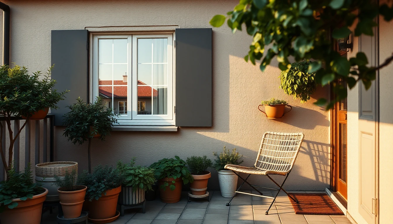 KI-Symbolbild: Eine kleine Terrasse vor einem Stadthaus mit Kräutertöpfen und einem Gartenstuhl im warmen Abendlicht.