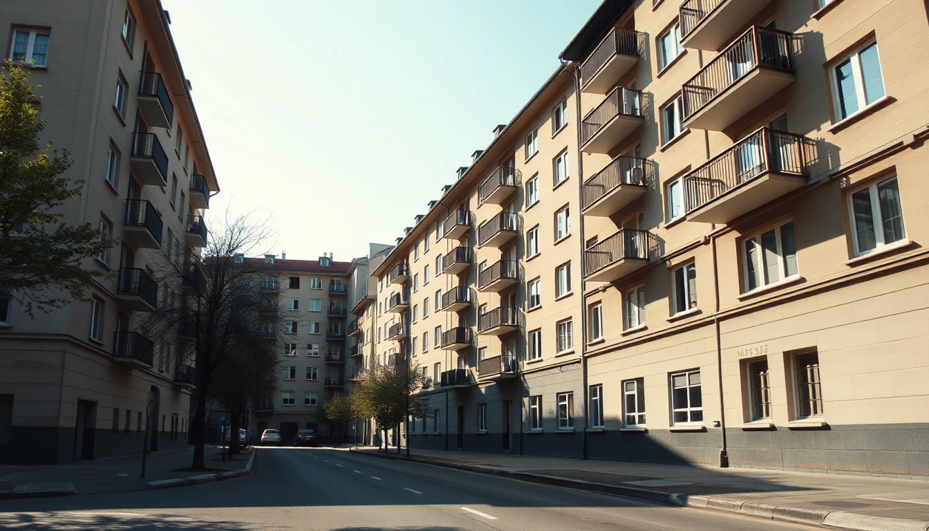 KI-Symbolbild: Die Fassade eines Nachkriegs-Wohnhauses mit Balkonen, gesehen von einer ruhigen Straße an einem klaren Tag.