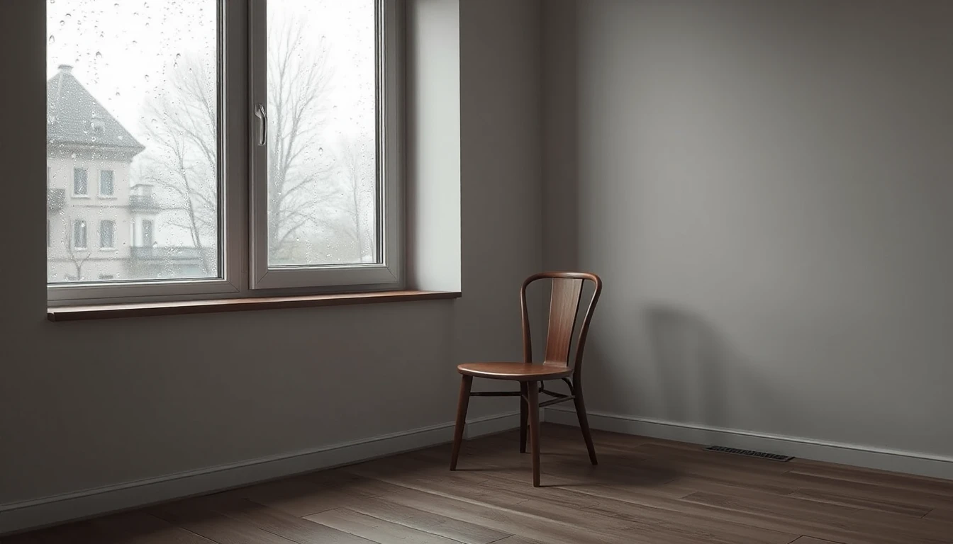 KI-Symbolbild: Ein leerer Raum mit kahlen Wänden und einem einzelnen Holzstuhl neben einem Fenster mit Regentropfen.