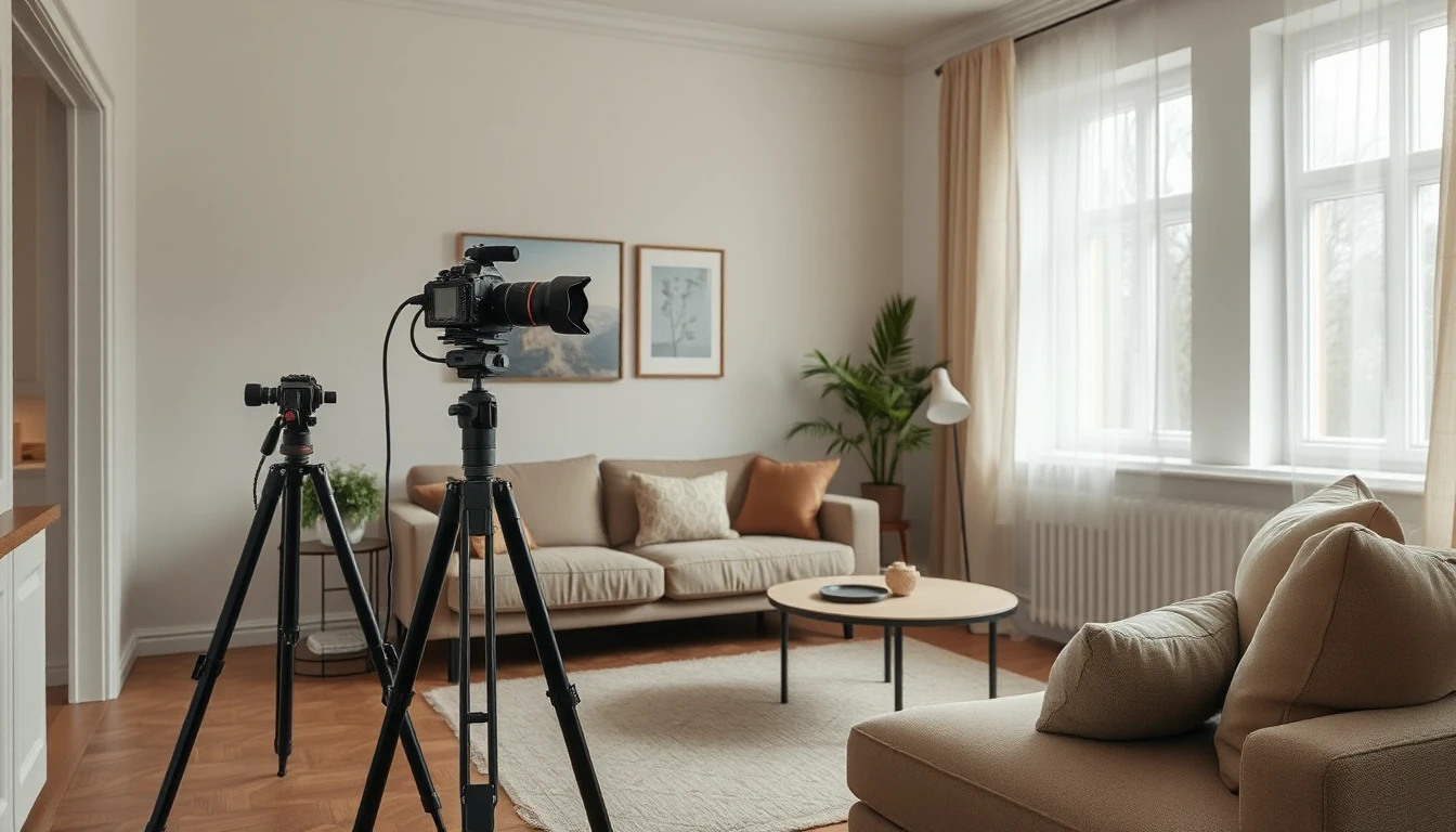 KI-Symbolbild: Zwei Kameras auf Stativen stehen in einem hellen, aufgeräumten Wohnzimmer mit Sofa, Kissen und großen Fenstern.