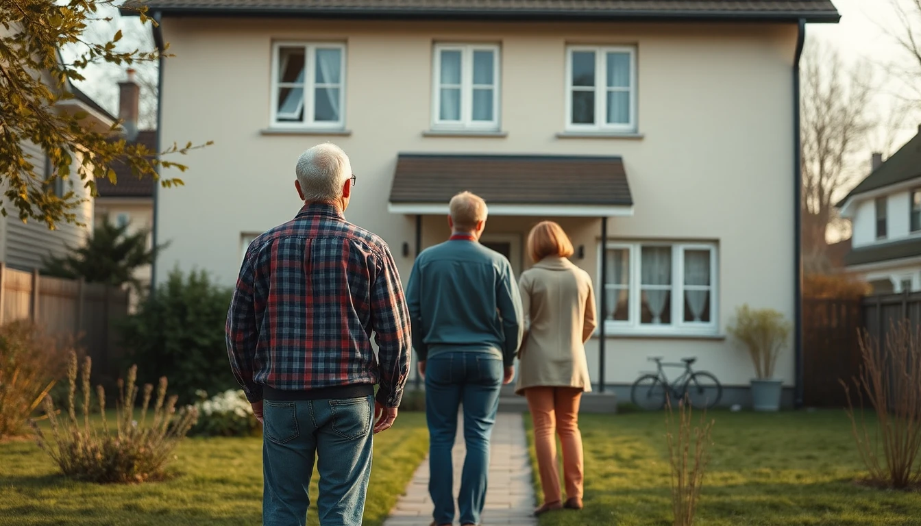 KI-Symbolbild: Drei Erwachsene stehen von hinten gesehen im Vorgarten vor einem hellen Einfamilienhaus.