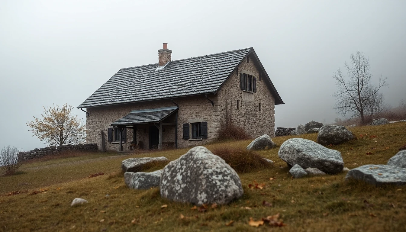 KI-Symbolbild: Ein altes Steinhaus steht an einem nebligen Herbstmorgen auf einer Wiese mit verstreuten Granitblöcken.