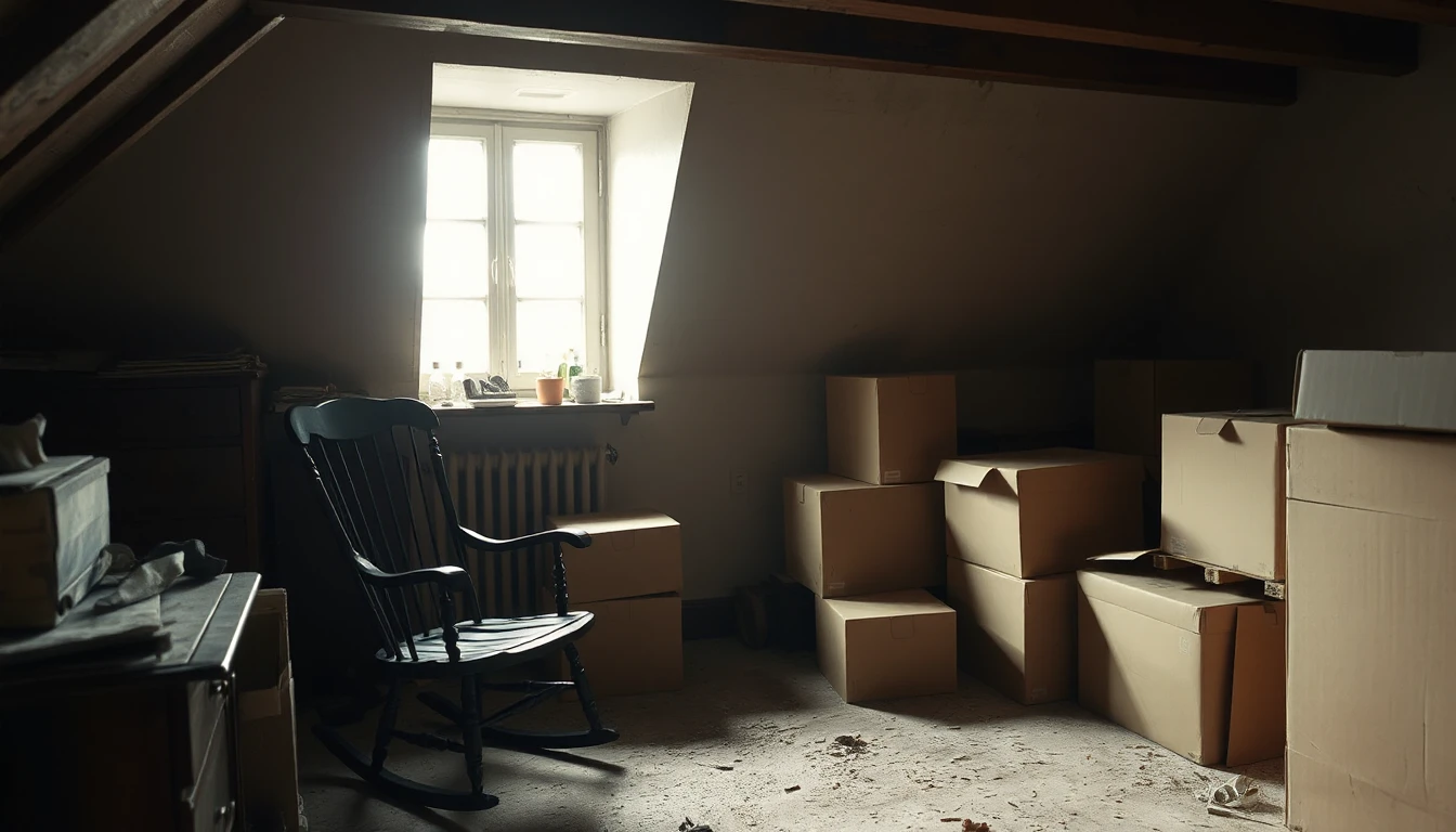 KI-Symbolbild: Auf einem staubigen Dachboden stehen ein Schaukelstuhl und gestapelte unbeschriftete Kartons im Licht eines kleinen Fensters.