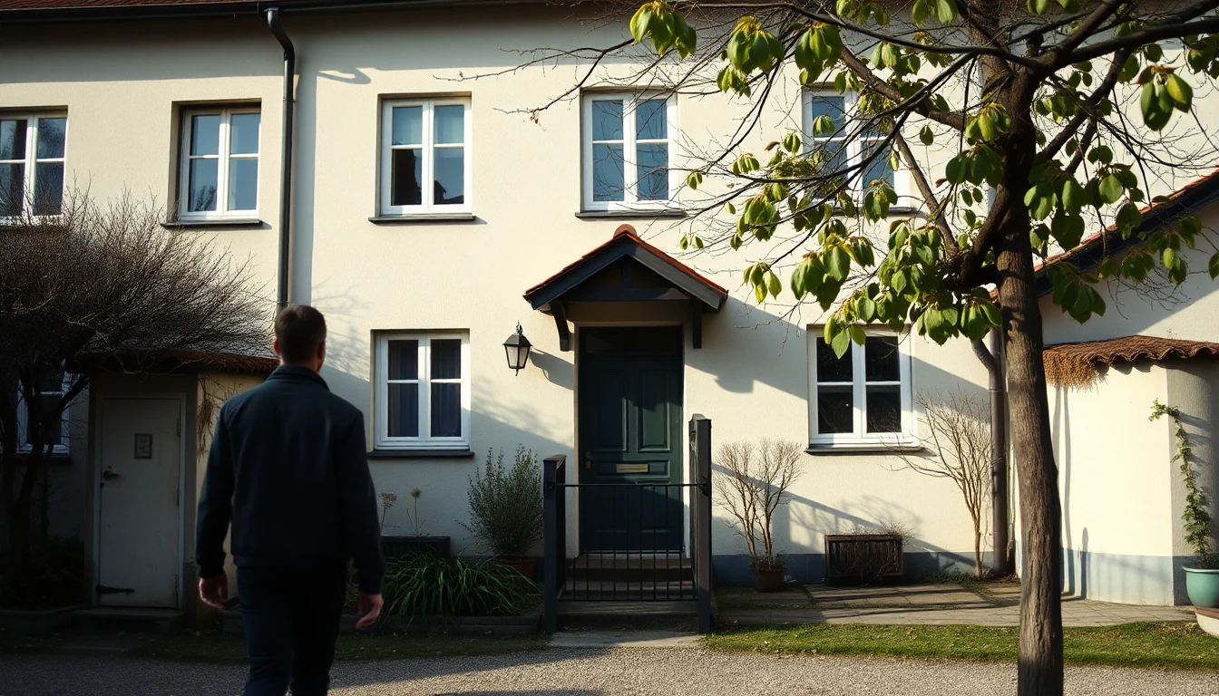 KI-Symbolbild: Eine Person geht von hinten gesehen auf ein helles Reihenhaus mit kleinem Gartentor zu.