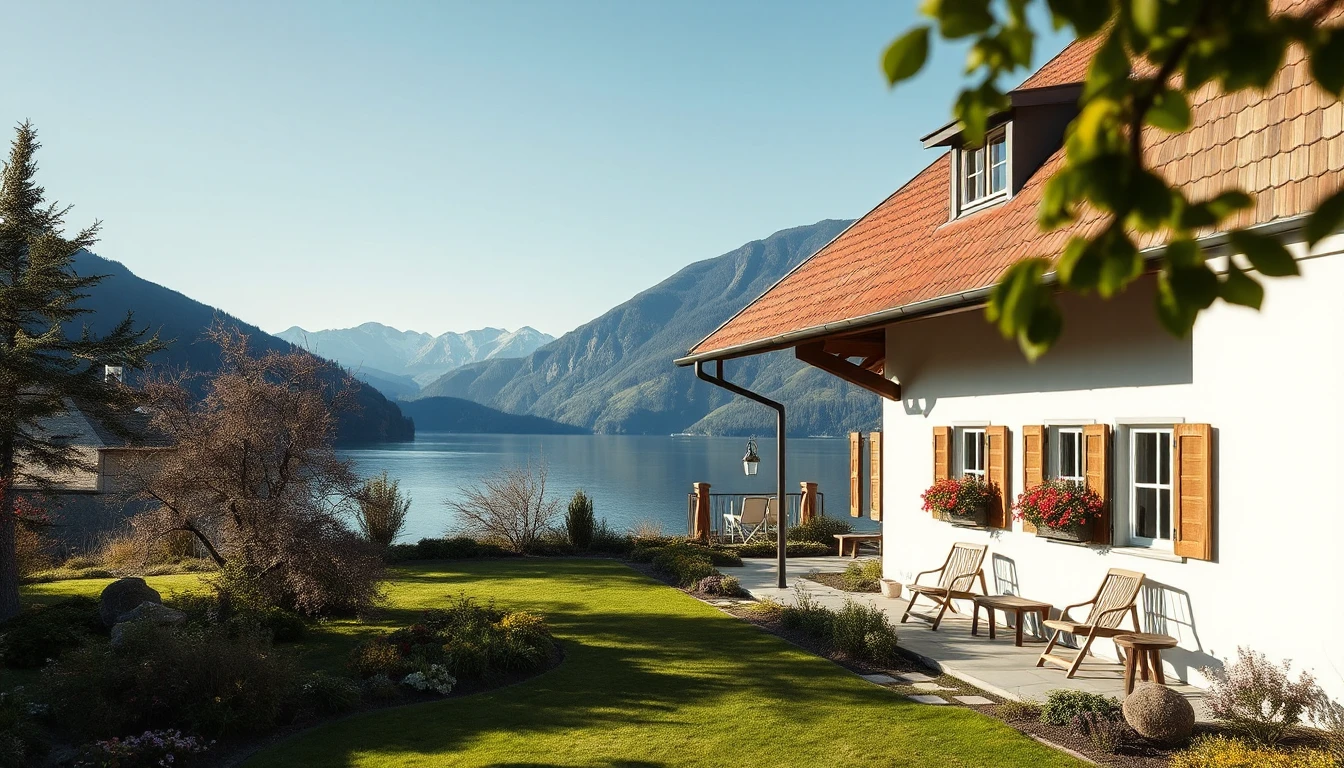 KI-Symbolbild: Ein helles Einfamilienhaus mit Holzfensterläden und gepflegtem Garten liegt an einem See vor Bergen.