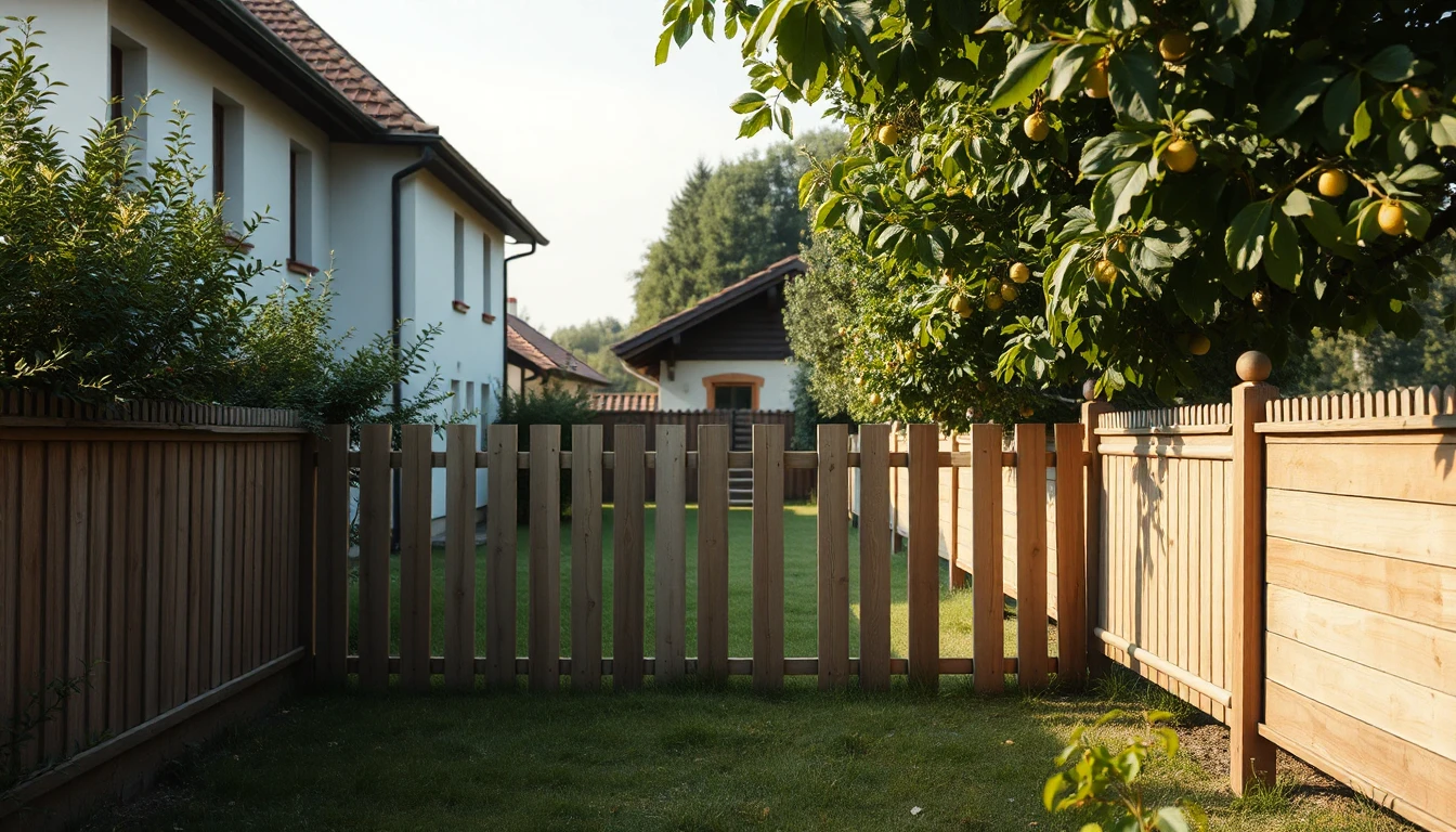 KI-Symbolbild: Ein neuer Holzzaun trennt einen Garten hinter einem Haus, daneben hängt ein Obstbaum voller Früchte.