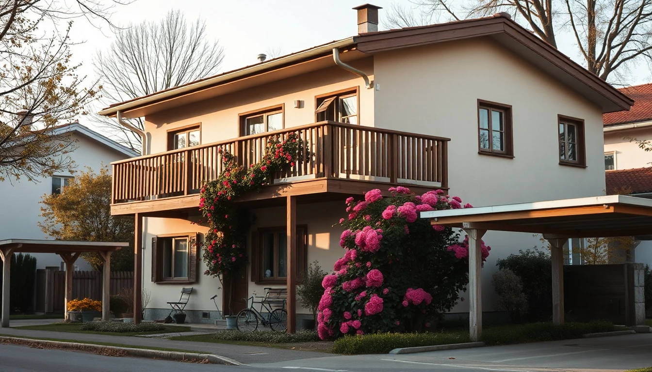KI-Symbolbild: Ein Einfamilienhaus mit Holzbalkon, blühenden Rosen und Carport an einem milden Herbstnachmittag.