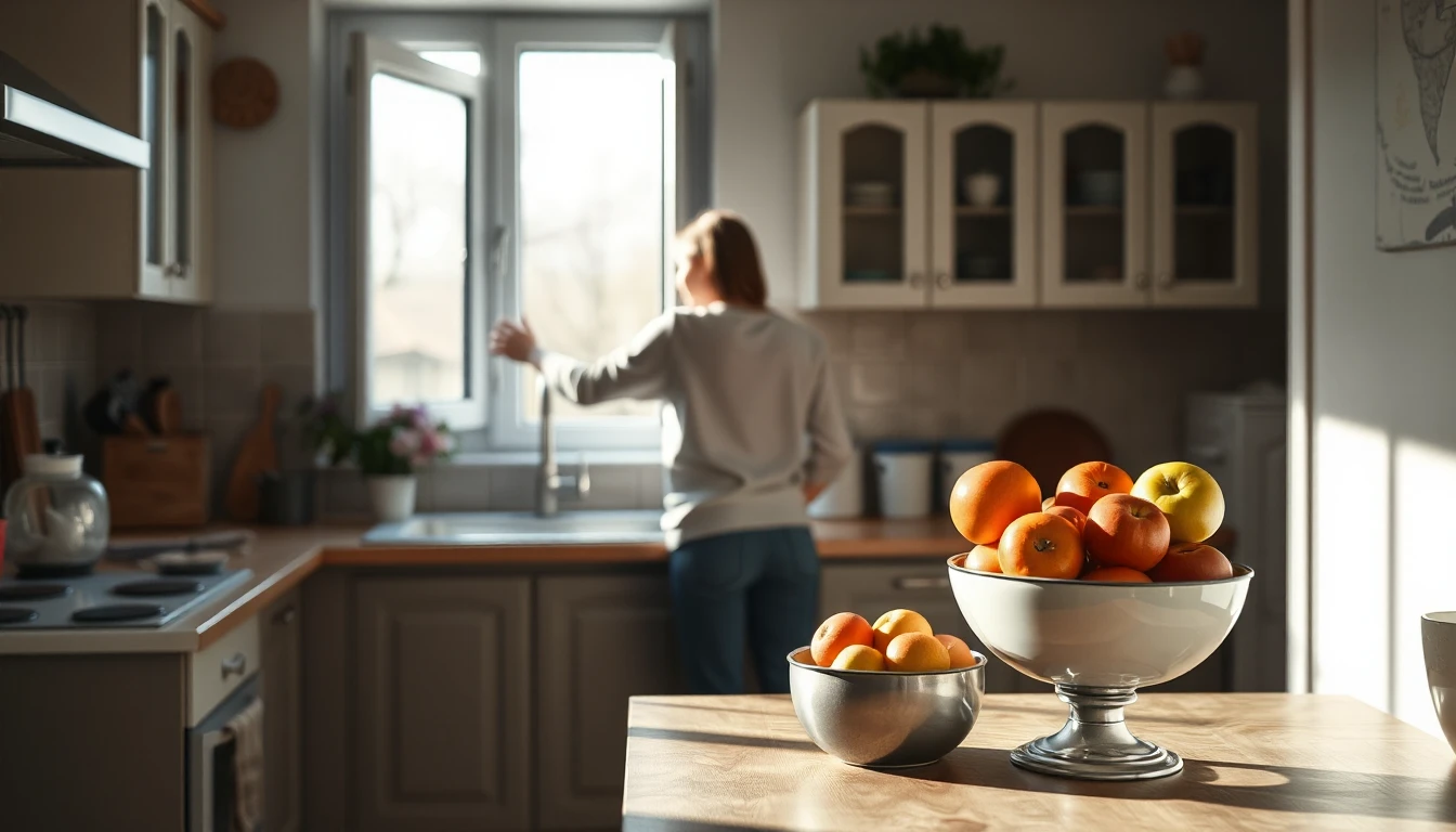 KI-Symbolbild: Eine Person öffnet von hinten gesehen das Fenster einer aufgeräumten Küche, vorne stehen Schalen mit Obst.
