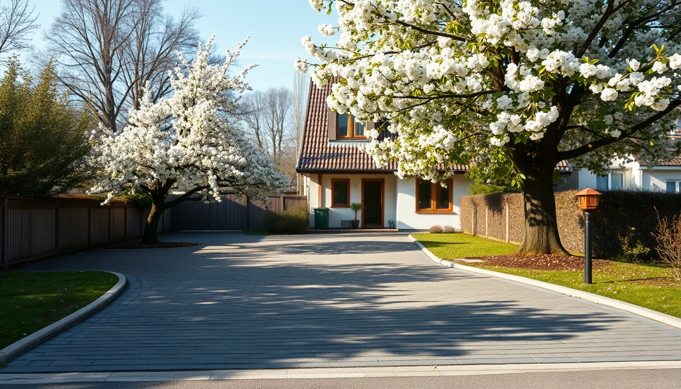 KI-Symbolbild: Ein Einfamilienhaus mit blühendem Baum und leerer gepflasterter Einfahrt an einem sonnigen Frühlingsnachmittag.