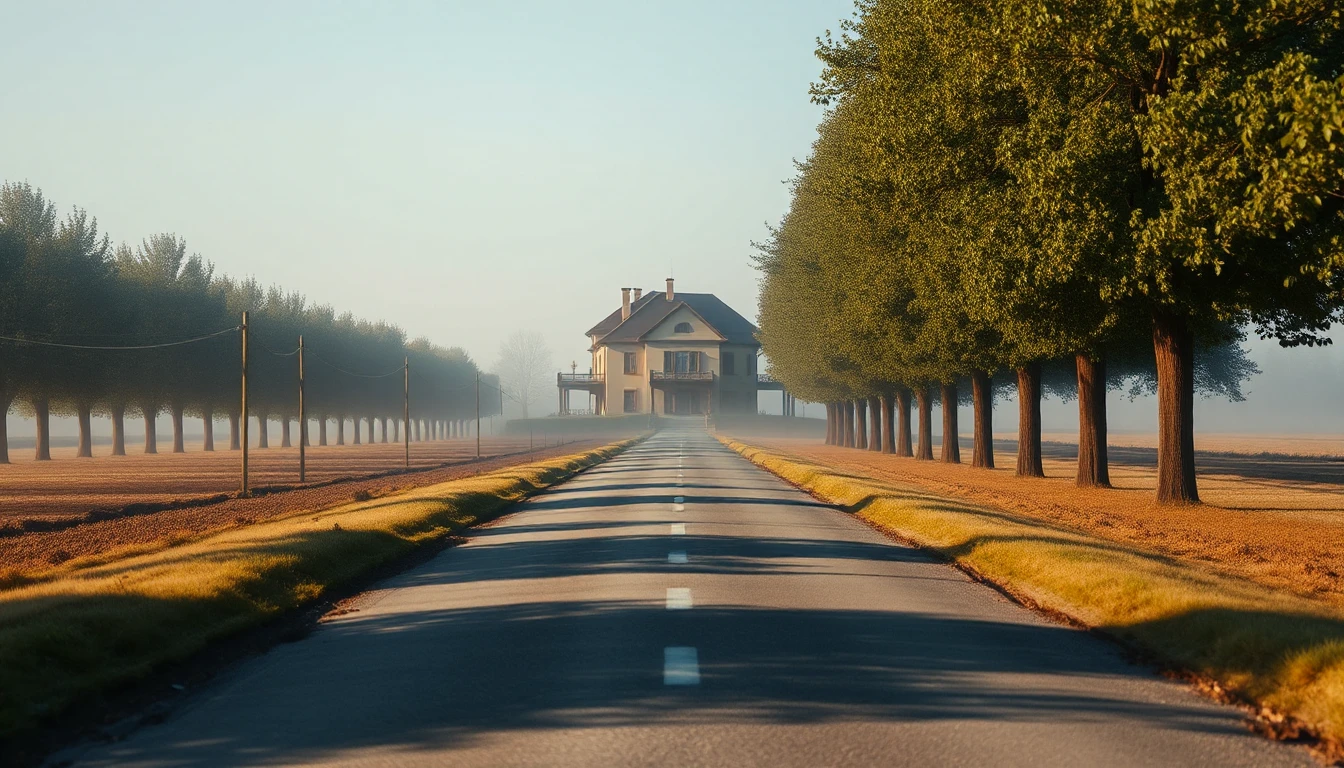 KI-Symbolbild: Eine lange Allee führt durch Felder auf ein abgelegenes Landhaus im Morgendunst zu.