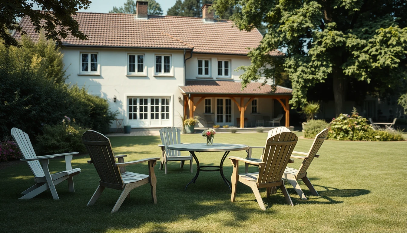 KI-Symbolbild: Unterschiedliche Gartenstühle stehen um einen runden Tisch auf dem Rasen vor einem großen Haus.