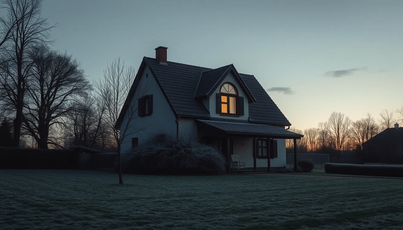 KI-Symbolbild: Ein freistehendes Haus in der Dämmerung mit nur einem erleuchteten Fenster, kahle Bäume und Raureif auf dem Rasen.