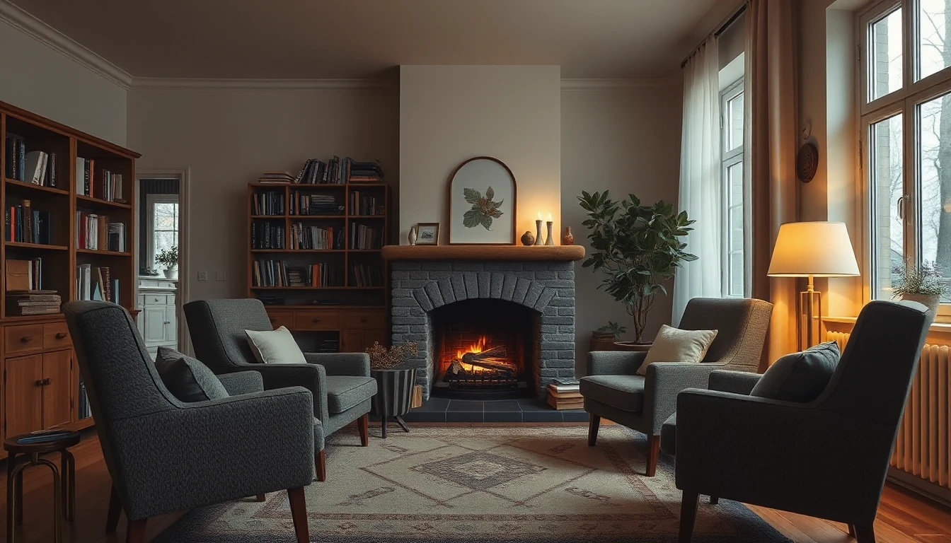 KI-Symbolbild: Mehrere Sessel stehen in einem gemütlichen Wohnzimmer um einen brennenden Kamin, daneben Bücherregale und eine Stehlampe.