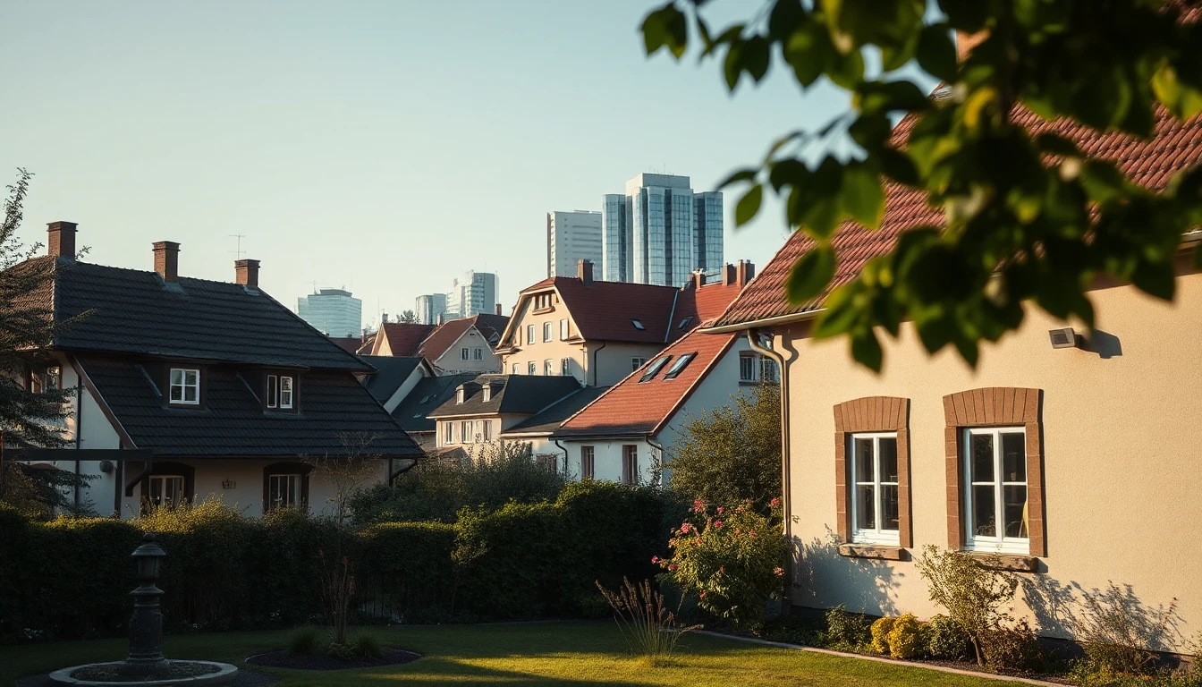 KI-Symbolbild: Ältere Wohnhäuser mit Garten im Vordergrund, dahinter ragen gläserne Bürotürme über die Dächer.
