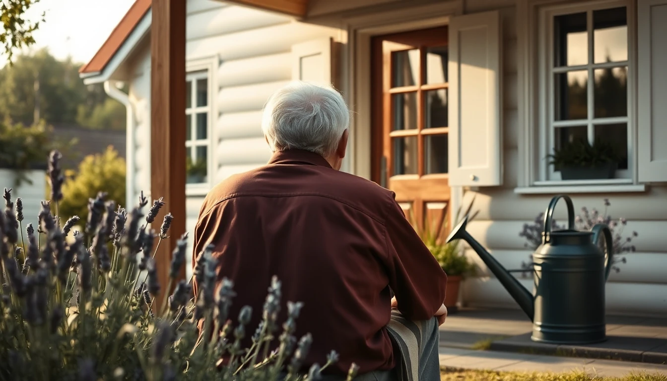 KI-Symbolbild: Eine ältere Person sitzt von hinten gesehen vor einem Haus, neben ihr blühender Lavendel und eine Gießkanne.
