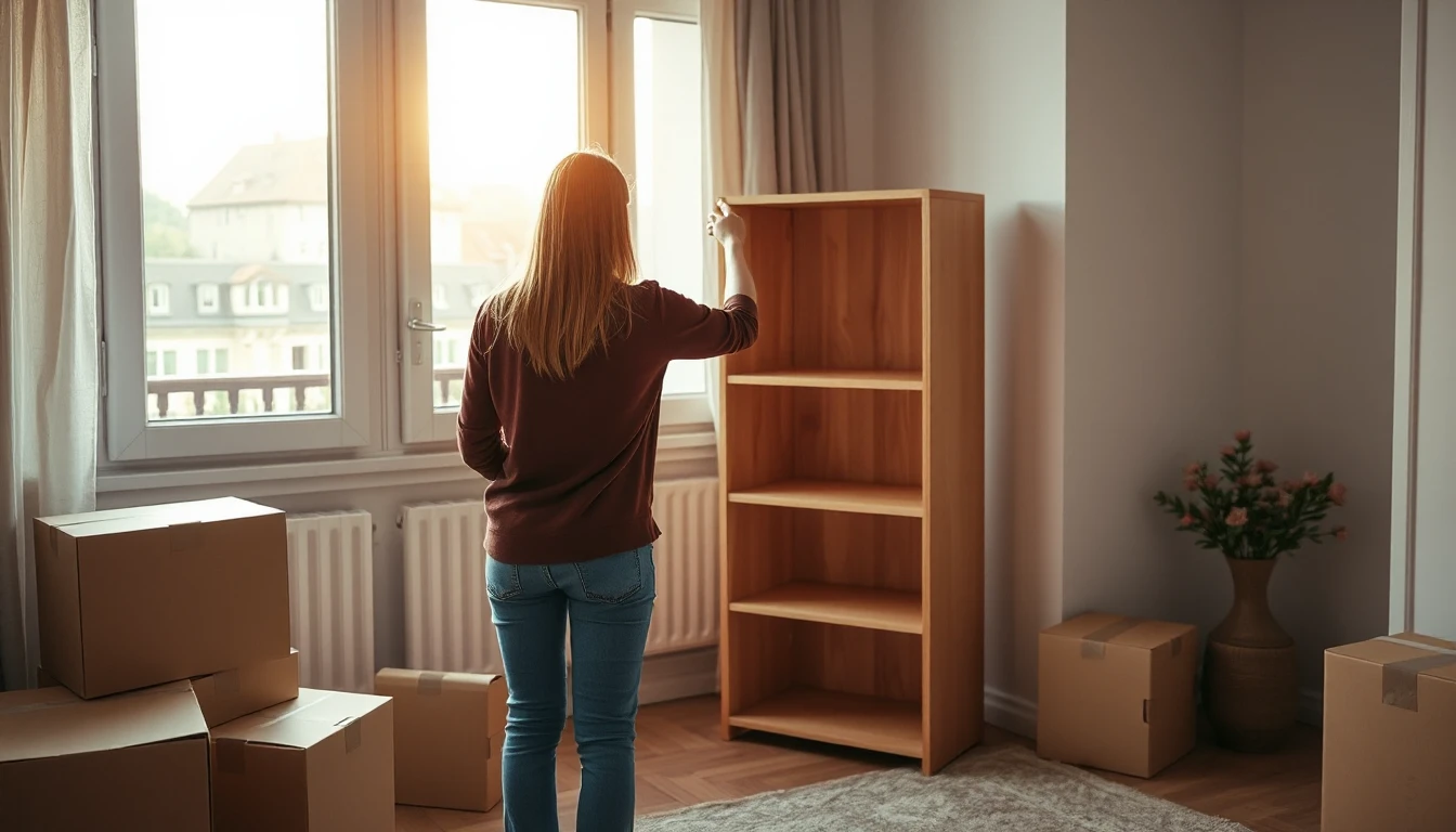 KI-Symbolbild: Eine Frau von hinten stellt ein Holzregal in einer frisch bezogenen Wohnung mit Umzugskartons auf.