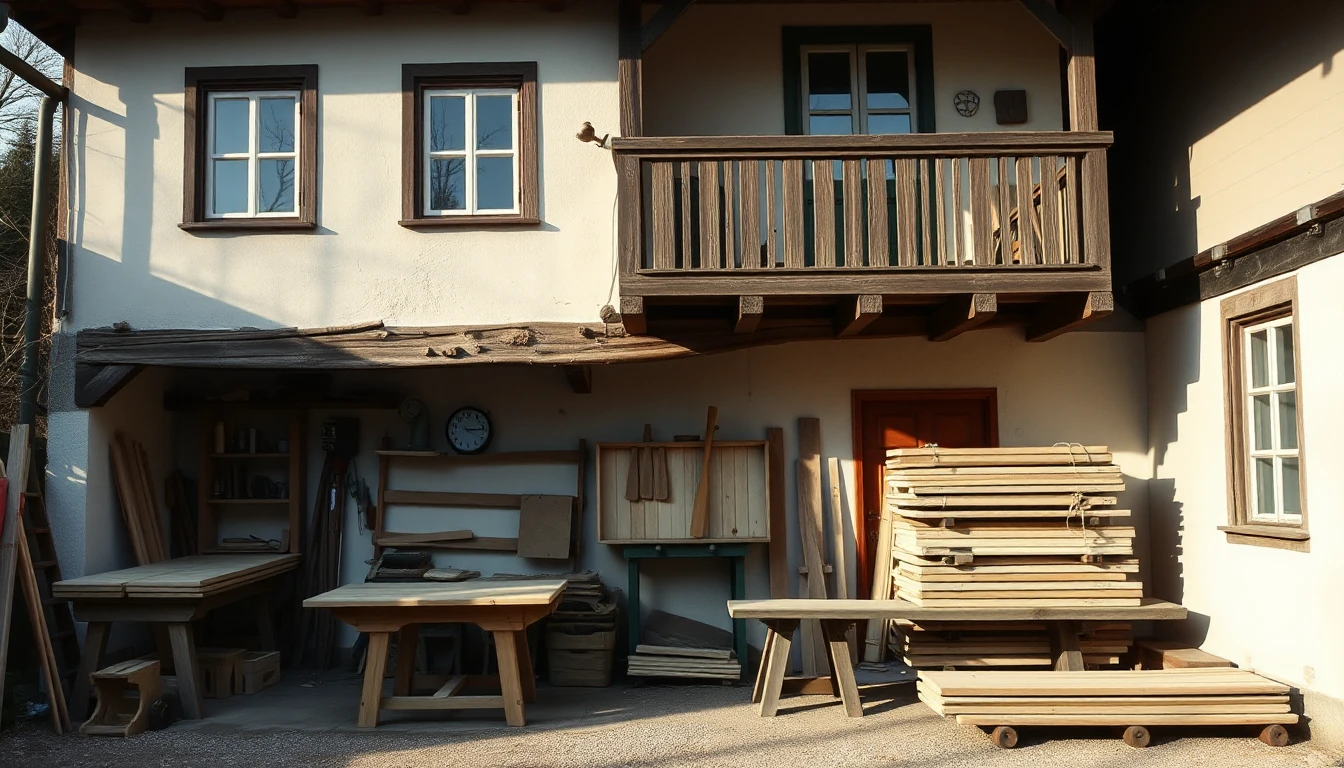 KI-Symbolbild: Eine kleine Tischlerwerkstatt im Erdgeschoss eines Dorfhauses mit Holzbalkon darüber und gestapelten Brettern.