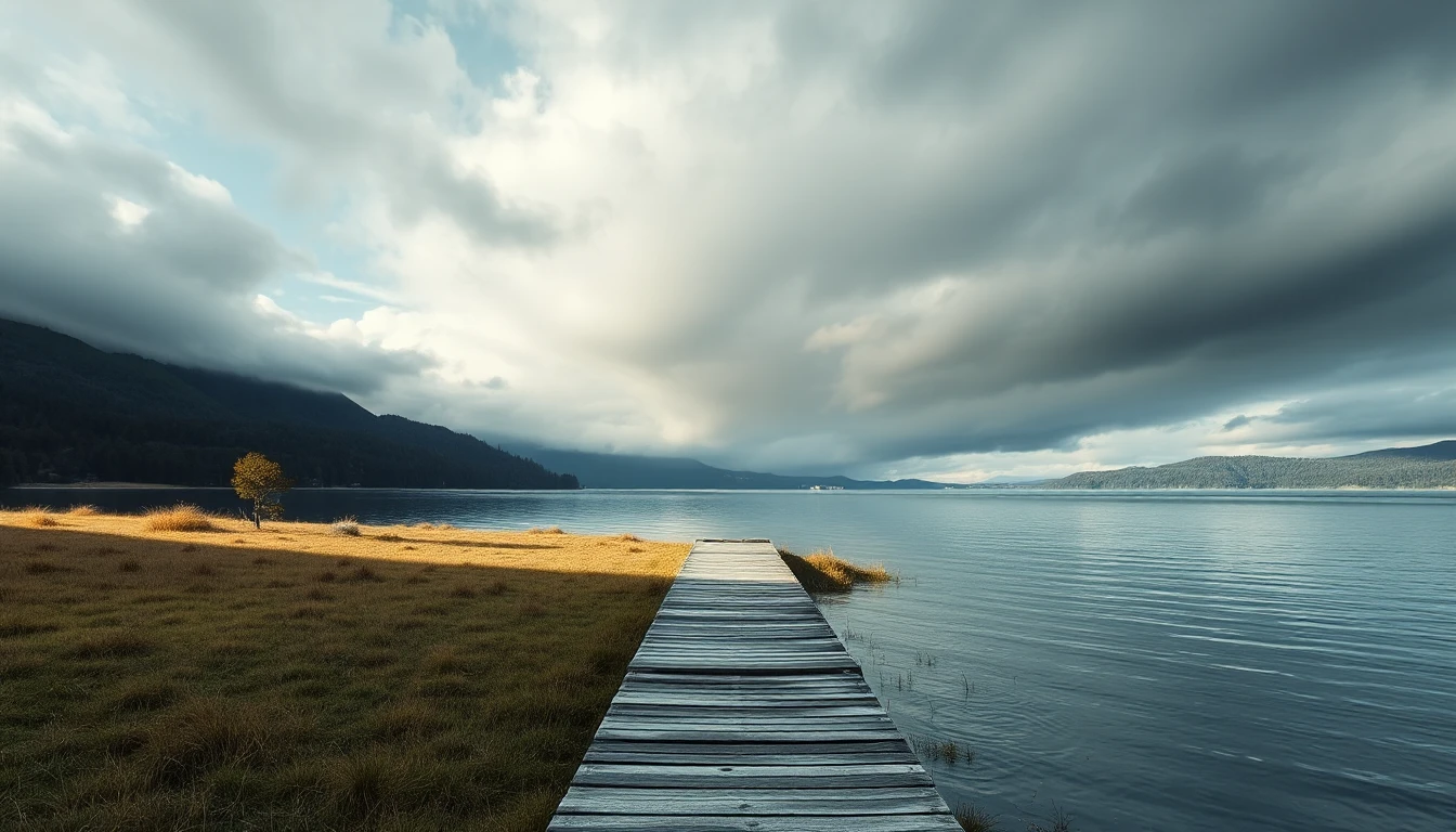KI-Symbolbild: Ein Holzsteg führt an einer Uferwiese in einen ruhigen See unter ziehenden Wolken.