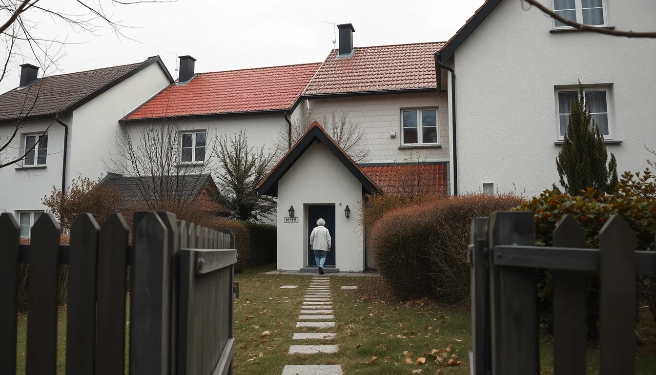 KI-Symbolbild: Blick durch ein offenes Gartentor auf ein Reihenhaus, eine ältere Person geht klein den Weg zur Tür.