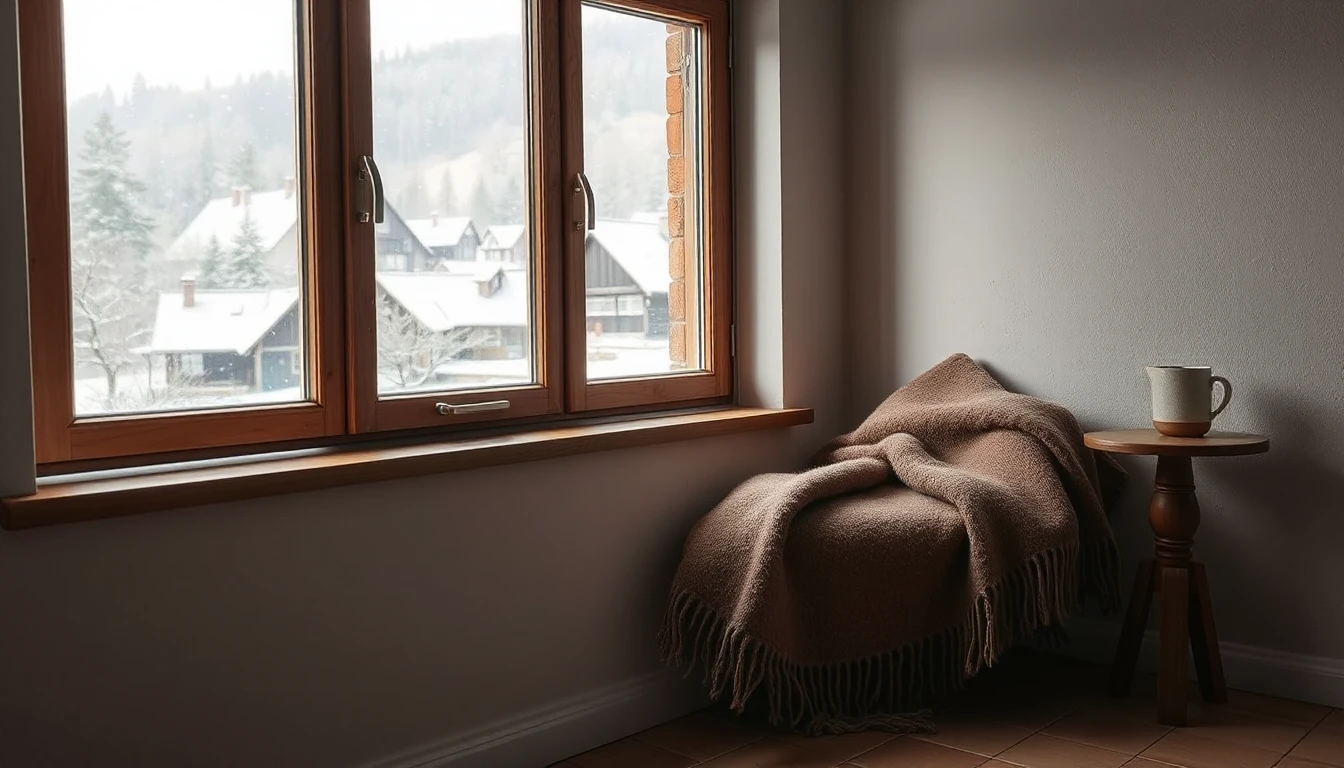 KI-Symbolbild: Eine Wolldecke auf einem Sessel neben einem Fenster mit Blick auf ein verschneites Dorf.