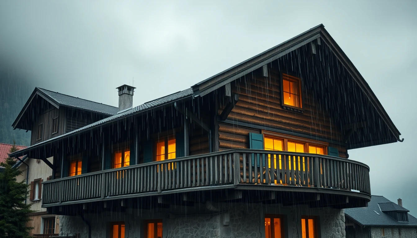 KI-Symbolbild: Ein Holzhaus mit breitem Dachvorsprung und Balkon bei starkem Regen, die Fenster leuchten warm.