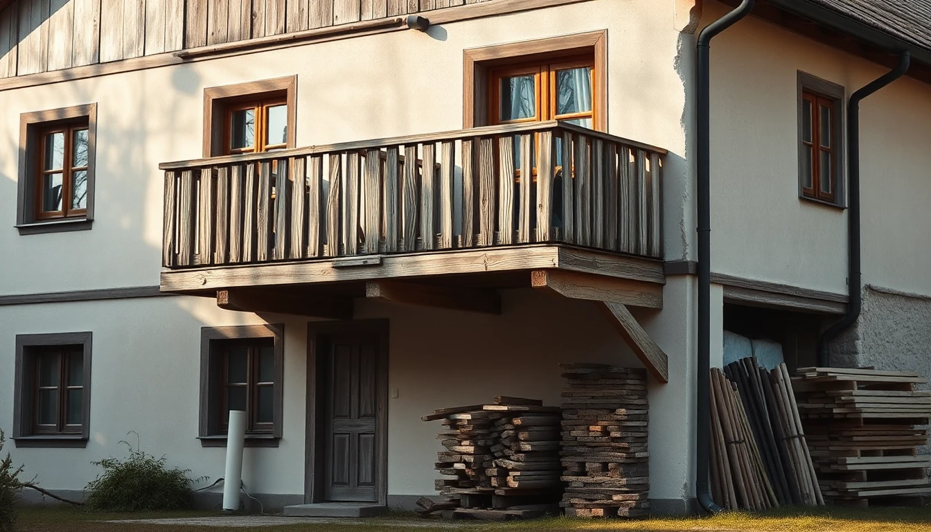KI-Symbolbild: Ein älteres Haus mit verwittertem Holzbalkon, daneben gestapelte Holzbretter im Morgenlicht.