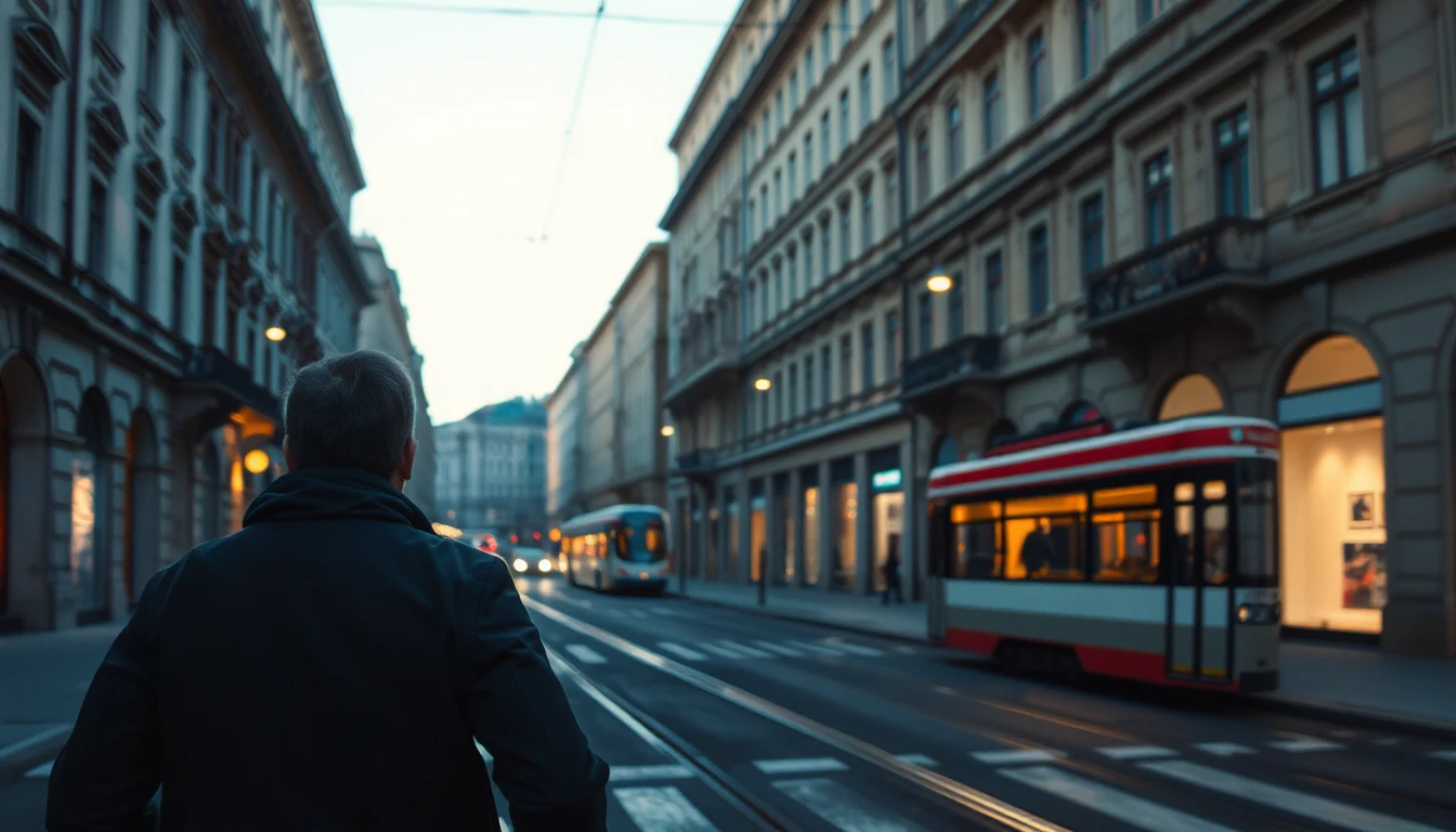KI-Symbolbild: Eine Person von hinten in einer Straße mit Gründerzeithäusern, daneben fährt eine Straßenbahn in der Dämmerung.