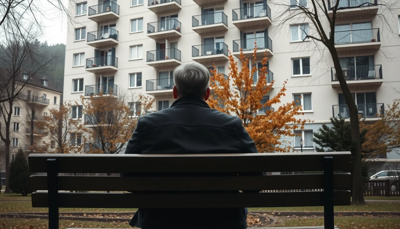 KI-Symbolbild: Eine Person von hinten auf einer Parkbank vor einem modernen Wohnhaus mit Balkonen im Herbst.