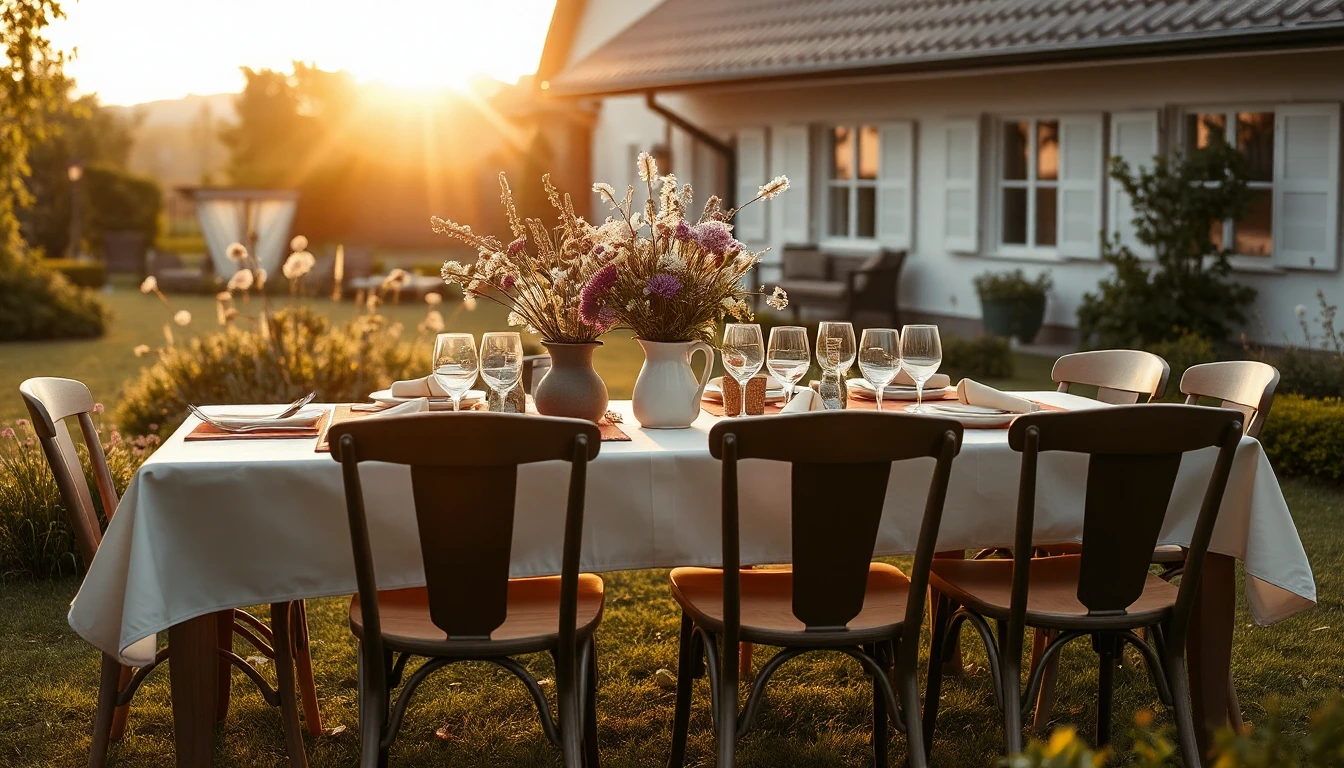 KI-Symbolbild: Eine festlich gedeckte Tafel mit Wildblumen im Garten eines Landhauses in goldener Abendsonne.