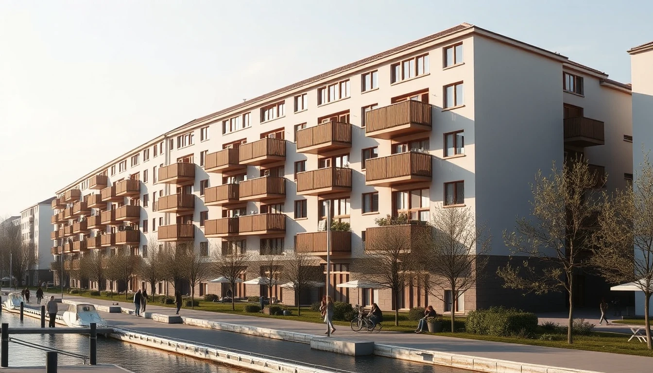 KI-Symbolbild: Ein neues Wohnquartier mit Holzbalkonen an einer Uferpromenade, Menschen klein in der Ferne.