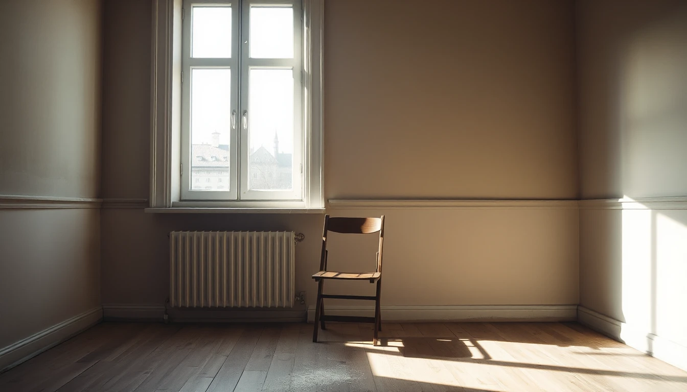 KI-Symbolbild: Ein leerer Altbauraum mit Holzboden, einem Klappstuhl und Sonnenlicht durch ein hohes Fenster.