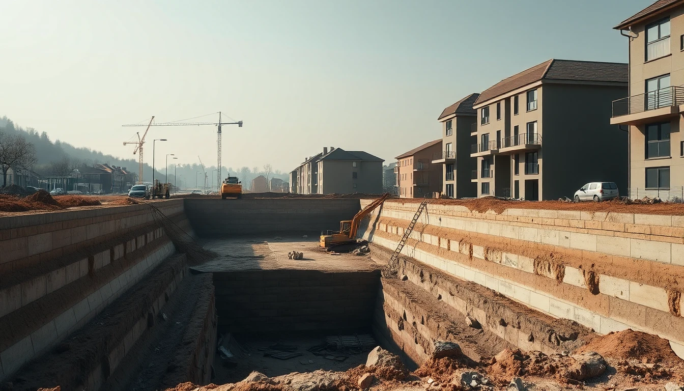 KI-Symbolbild: Eine tiefe Baugrube mit Stützwänden und Bagger am Stadtrand, Kräne am dunstigen Horizont.