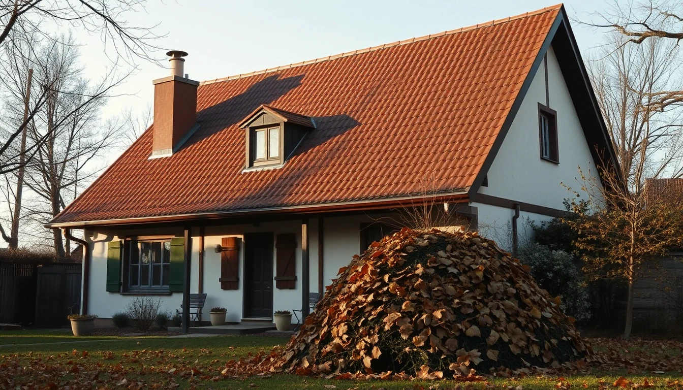 KI-Symbolbild: Ein Einfamilienhaus mit Ziegeldach im Spätherbst, im Vorgarten ein großer Laubhaufen.
