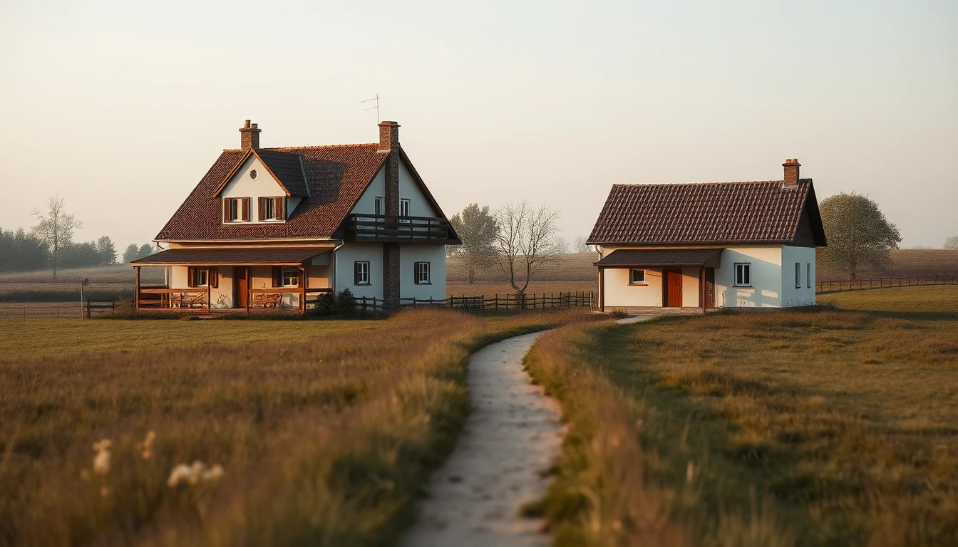 KI-Symbolbild: Ein Einfamilienhaus und ein kleines Häuschen auf einer Wiese, verbunden durch einen Fußweg im Abendlicht.