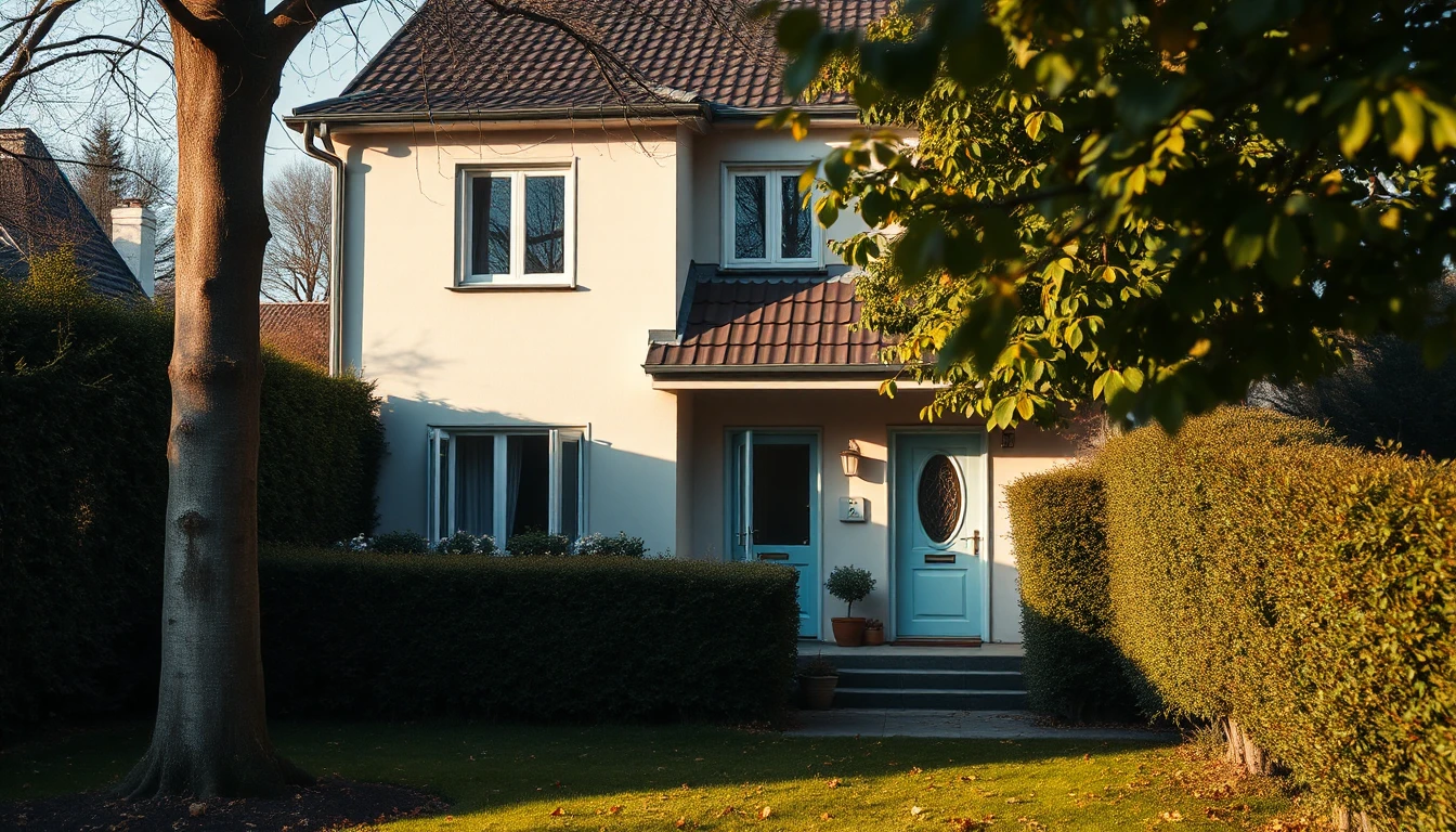 KI-Symbolbild: Ein jüngeres Einfamilienhaus mit dichten Hecken und einem großen Baum im Vorgarten im Herbstlicht.