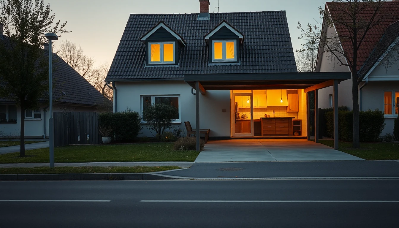 KI-Symbolbild: Ein Einfamilienhaus mit Gauben in der Abenddämmerung, hinter einer Glastür eine warm beleuchtete Küche, daneben ein leerer Carport.