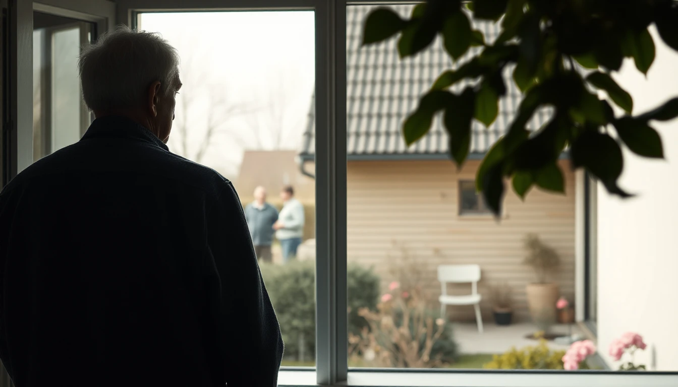 KI-Symbolbild: Ein älterer Mann steht von hinten gesehen am Fenster und blickt in den Garten, wo zwei Personen klein im Hintergrund stehen.
