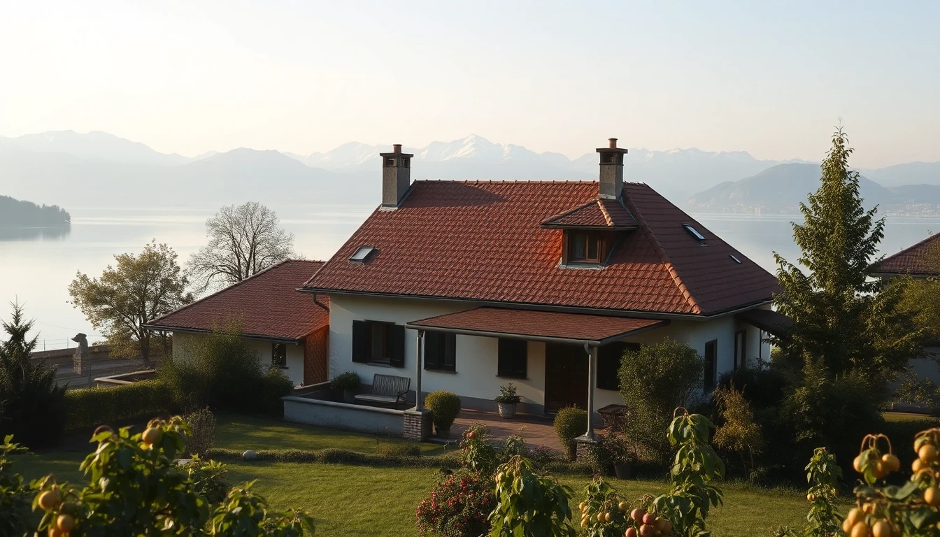 KI-Symbolbild: Ein Einfamilienhaus mit Ziegeldach und Obstgarten oberhalb eines weiten Sees, dahinter verschneite Berge im Morgendunst.