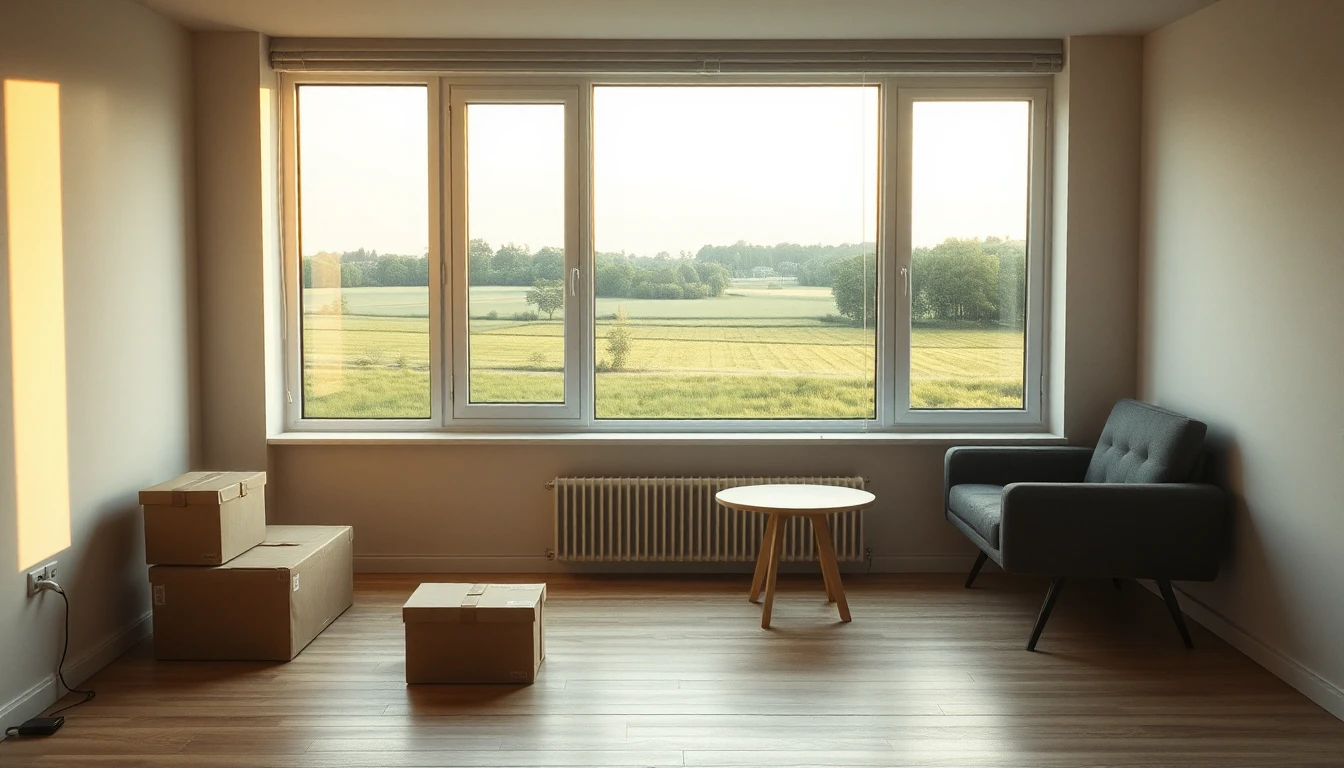KI-Symbolbild: Ein sparsam eingerichteter Raum mit Sessel, kleinem Holztisch und Umzugskartons vor einem großen Fenster mit Blick auf grüne Wiesen.