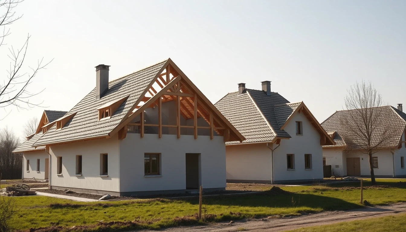 KI-Symbolbild: Neue Einfamilienhäuser in einem Dorf, vorn ein Rohbau mit offenem Holzdachstuhl, dahinter bereits fertige Häuser mit Rasen.
