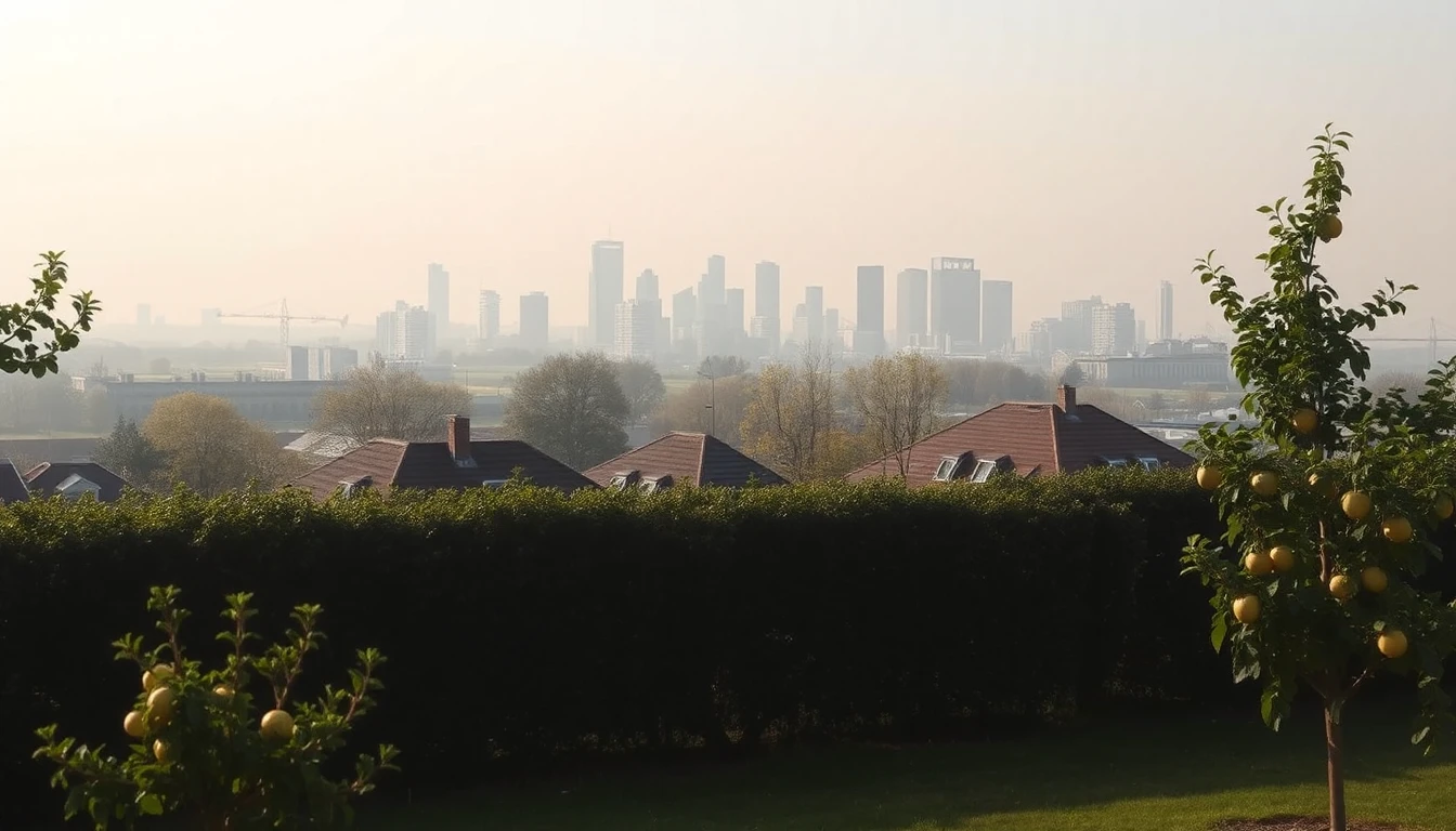 KI-Symbolbild: Blick aus einem Garten über eine Hecke und Hausdächer auf eine dunstige Skyline großer Bürogebäude, rechts ein junger Obstbaum.